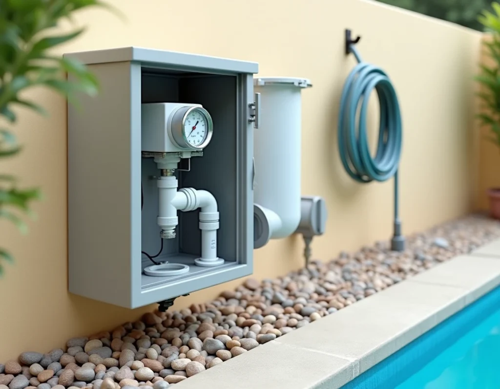 Système de filtration de piscine complet avec vanne multivoies, manomètre et tuyaux PVC visibles contre un mur extérieur