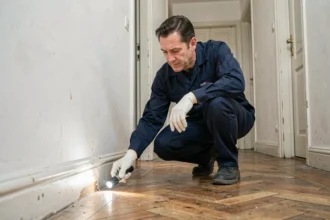 Technicien en désinsectisation inspectant la plinthe d'un appartement en location pour détecter des nuisibles