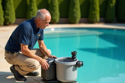 Technicien de piscine inspectant le panier de filtre d'une pompe de piscine extérieure dans un jardin résidentiel ensoleillé