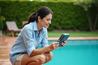 Femme testant la qualité de l'eau de sa piscine résidentielle avec un appareil numérique pour optimiser la consommation d'eau