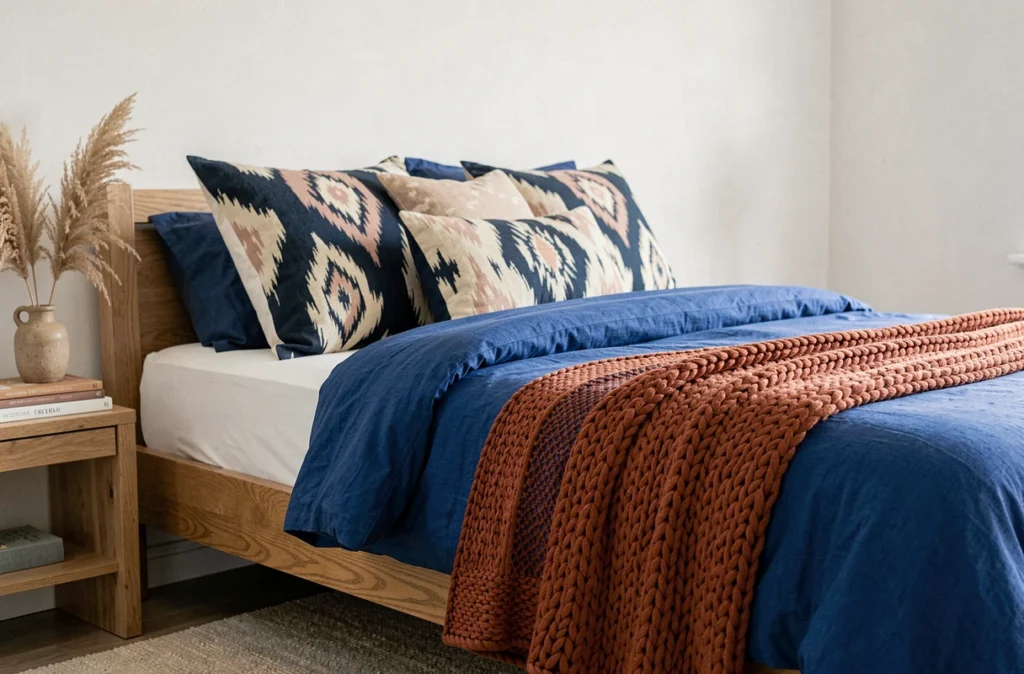 Chambre à coucher décorée d'une housse de couette en lin bleu cobalt et d'un plaid tricoté rouille avec des coussins à motifs ikat géométriques