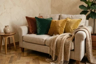 Canapé en lin avec coussins colorés en terracotta, vert émeraude et jaune moutarde dans un salon chaleureux au parquet en chêne
