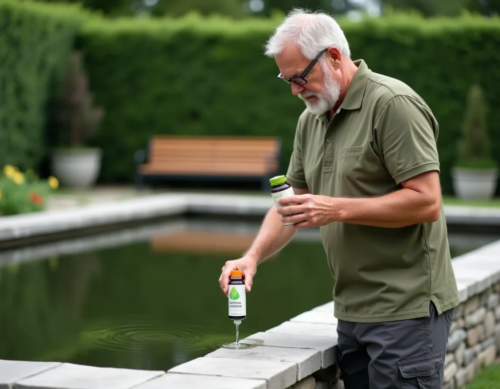 Homme appliquant un traitement anti-algues liquide dans un bassin de jardin pour prévenir leur prolifération