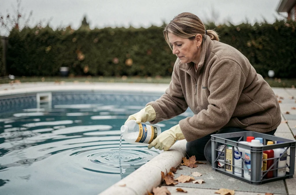 Femme ajoutant des produits chimiques d'hivernage dans une piscine extérieure en automne