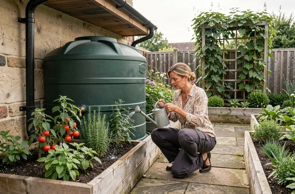 Femme utilisant l'eau récupérée dans un réservoir de récupération d'eau de pluie pour arroser un potager