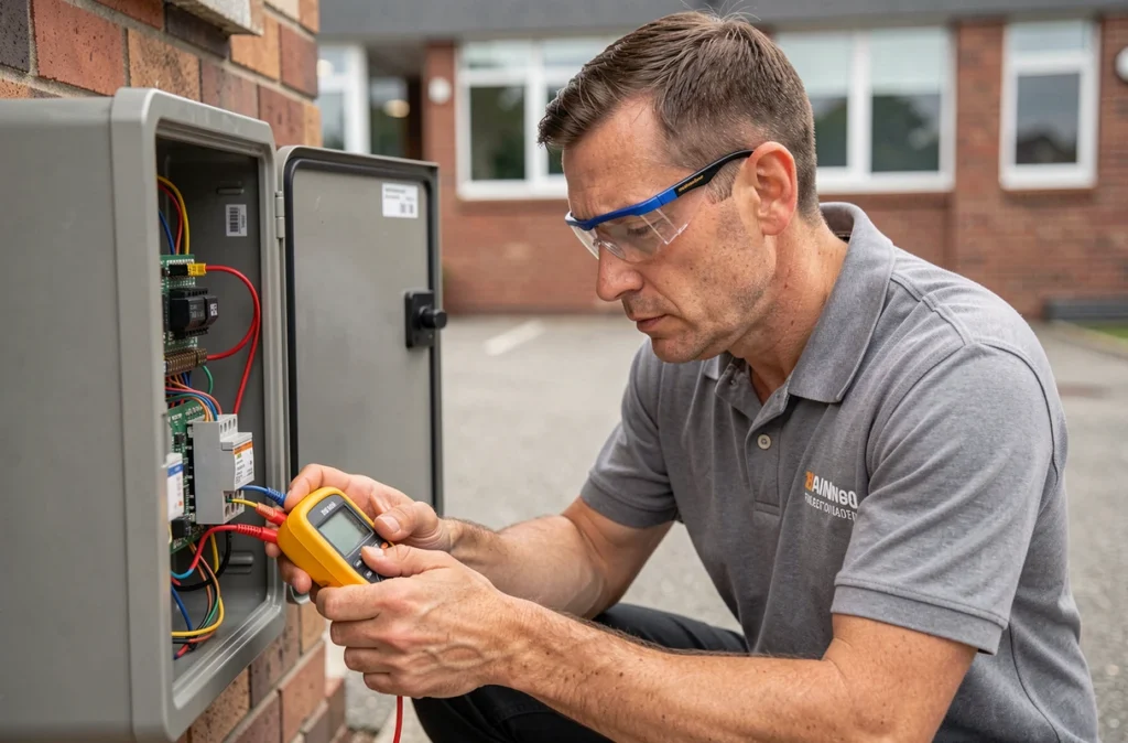 Technicien en maintenance testant le tableau de commande électrique d'un portail motorisé battant