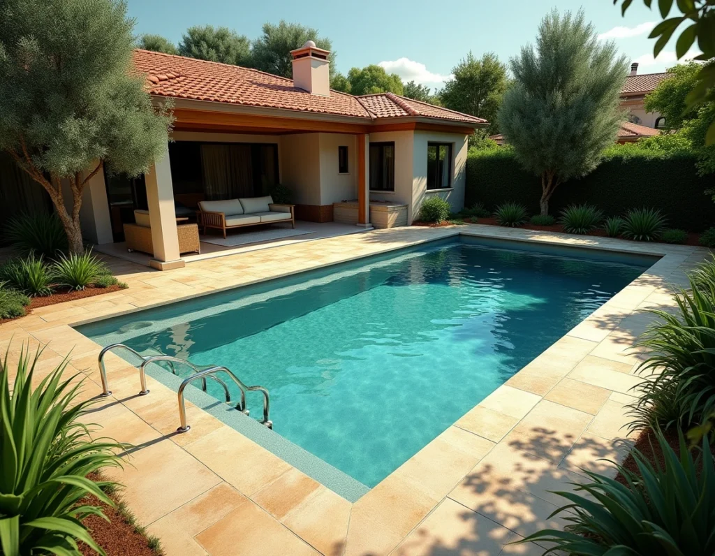 Vue aérienne d'une piscine bien proportionnée intégrée dans un jardin résidentiel avec terrasse en pierre
