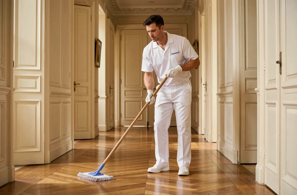 Technicien Alavenir Clean en uniforme blanc nettoyant le parquet d'un couloir d'appartement haussmannien