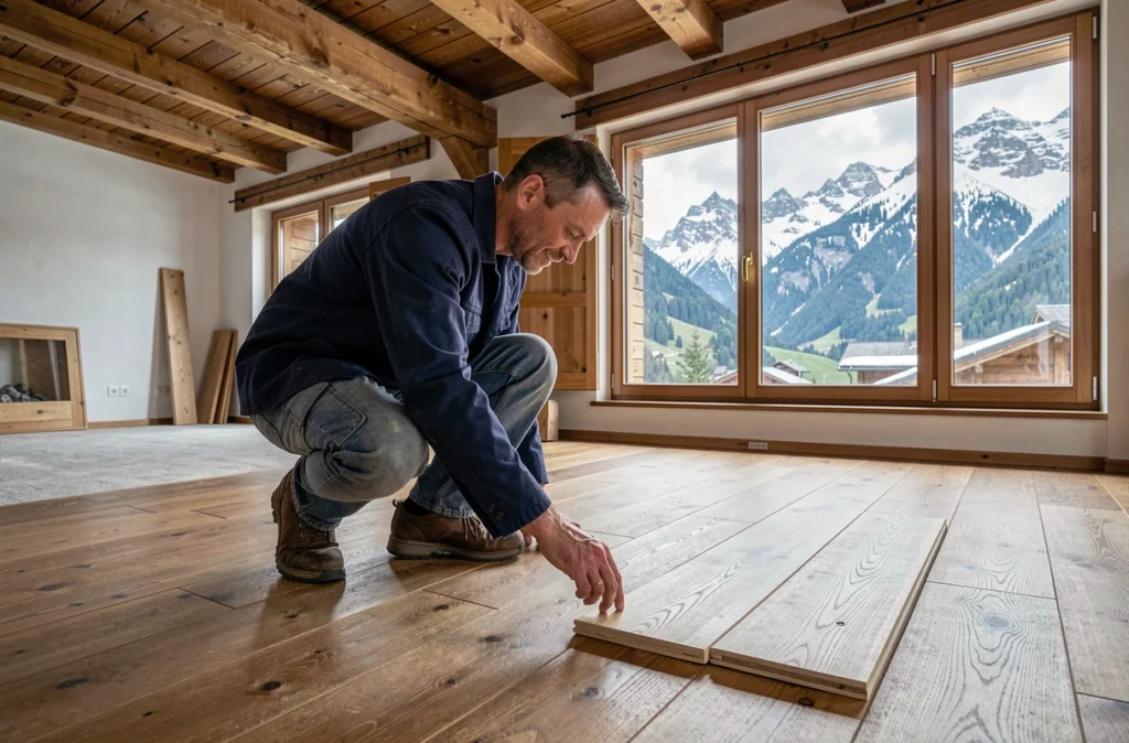 Artisan des Allobroges inspectant un plancher rénové dans un chalet de Haute-Savoie
