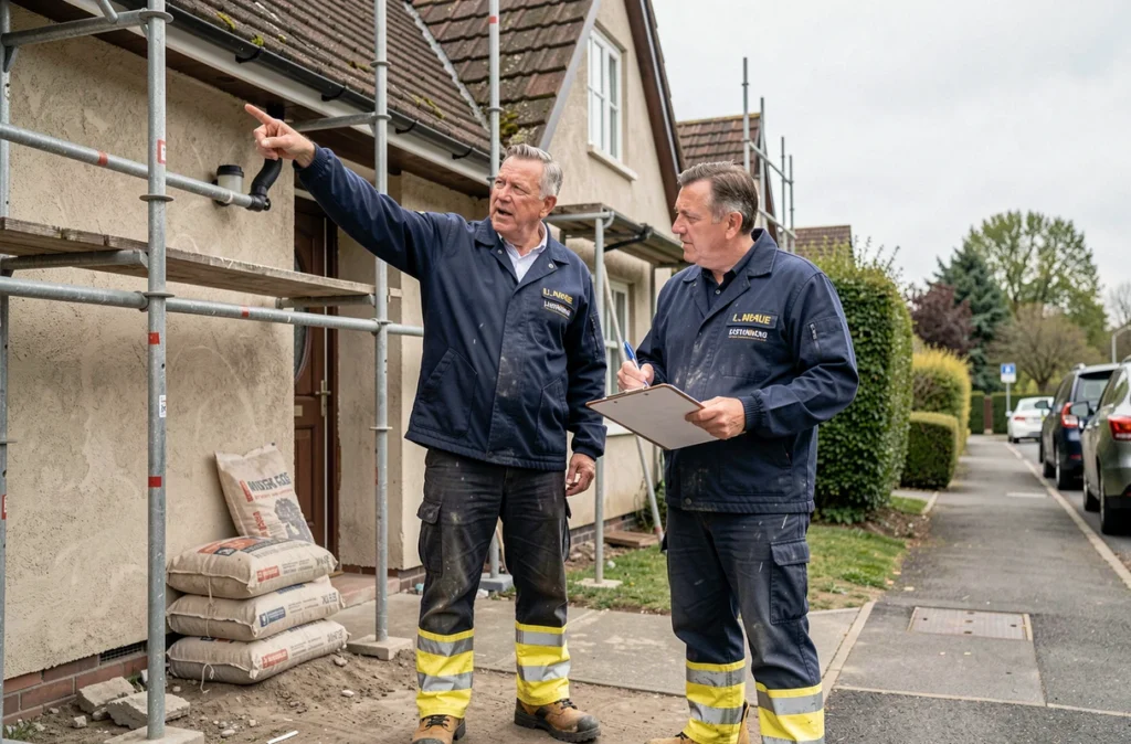 Deux artisans évaluant des travaux de rénovation extérieure devant une maison avec un devis sur clipboard