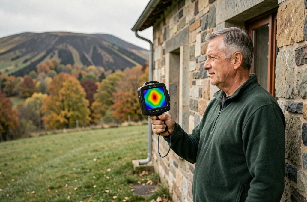 Auditeur Audit Énergie Auvergne réalisant un diagnostic thermique d'une ferme dans le Puy-de-Dôme