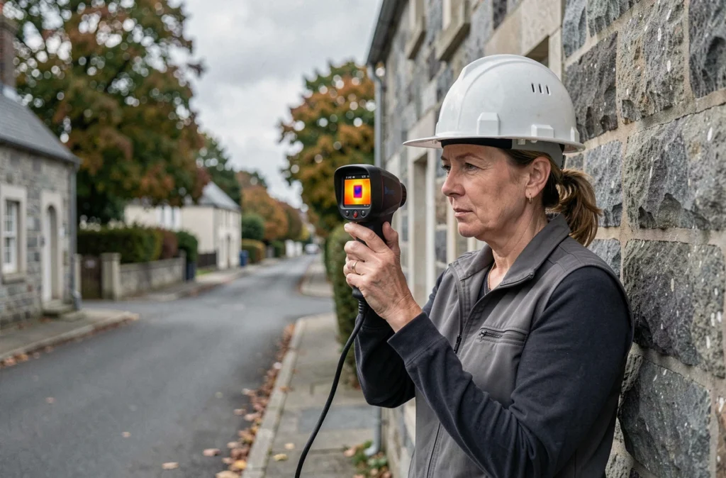 Auditrice énergétique Auxilium AVS utilisant une caméra thermique sur une façade bretonne