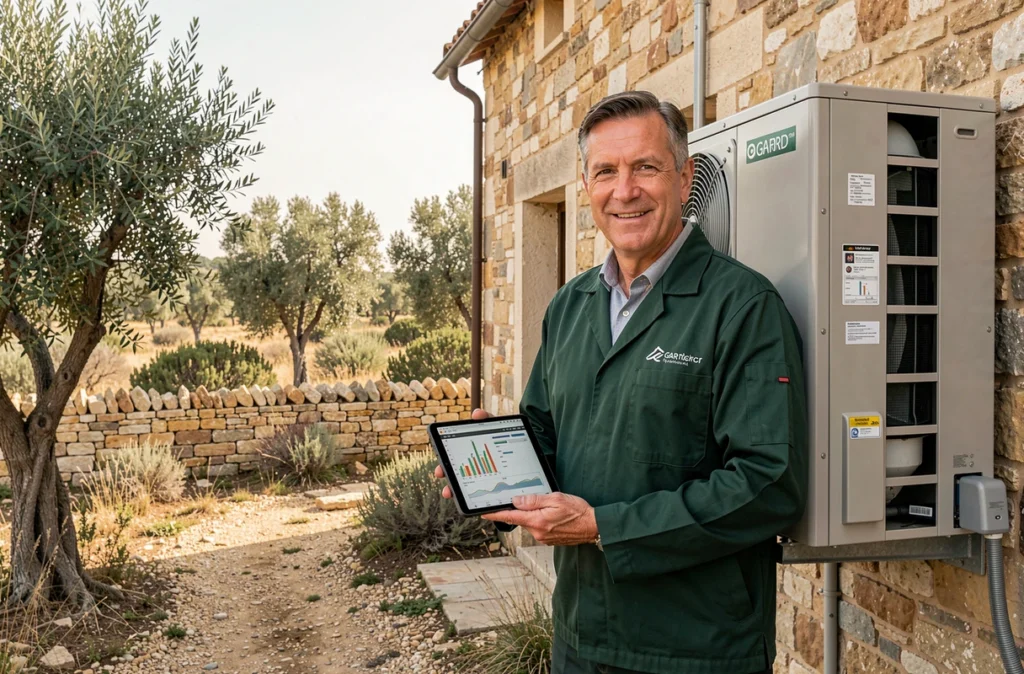 Spécialiste Bajeux Alain devant une ferme en pierre du Gard avec une unité de climatisation haute efficacité