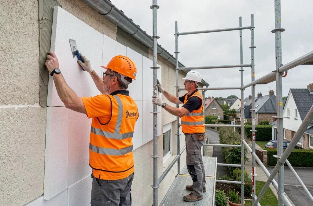 Équipe Blandin Façades installant un système d'isolation thermique par l'extérieur sur un immeuble