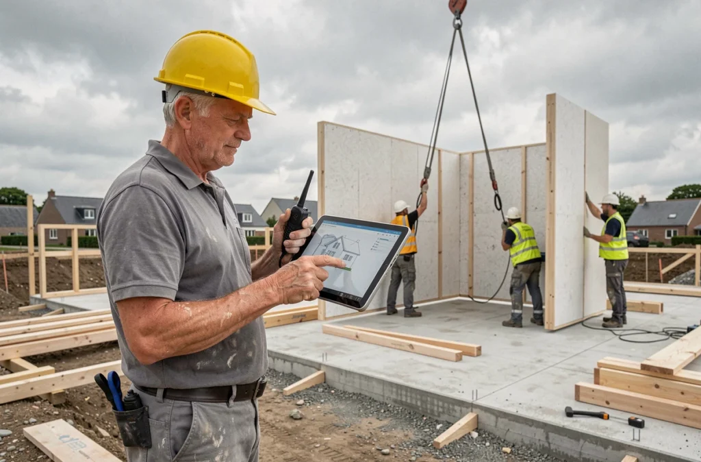 Chef de chantier CBH supervisant la pose de panneaux isolants préfabriqués sur un chantier rennais