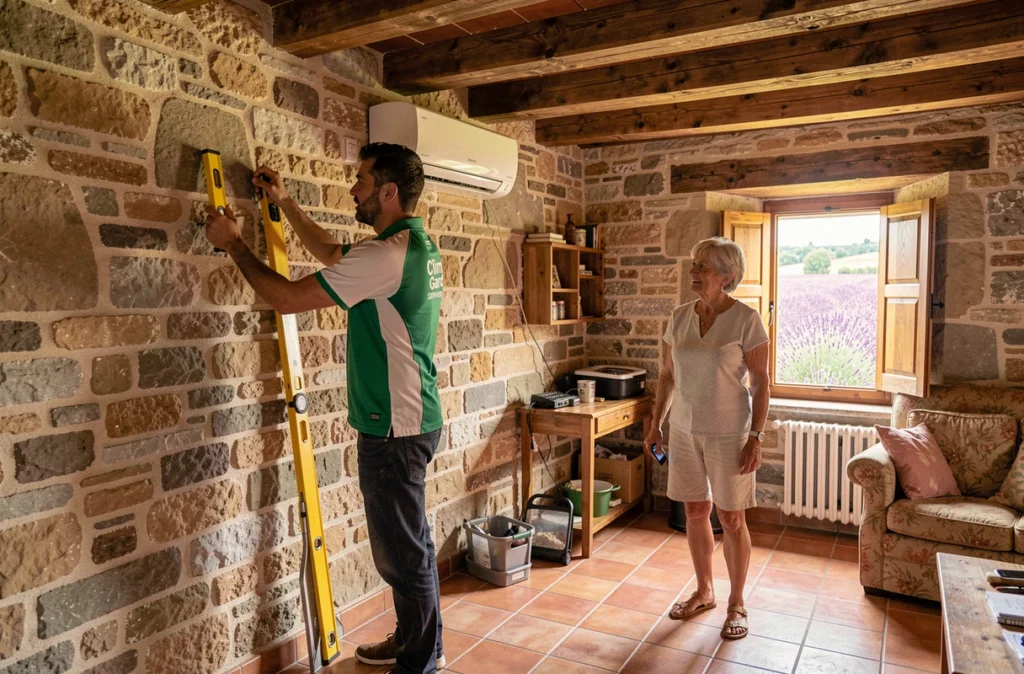 Technicien Clim Gard Services finalisant l'installation d'un climatiseur dans un mas provençal du Gard sous le regard approbateur d'une propriétaire