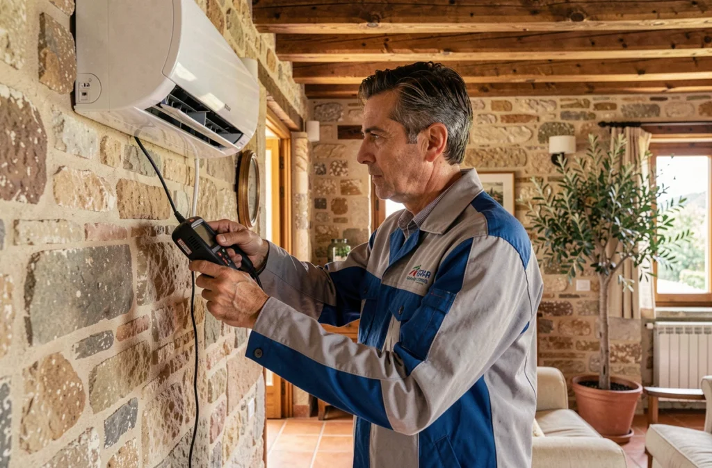 Professionnel de Climatisation Vaunage Chauffage inspectant un climatiseur dans une maison provençale du Gard