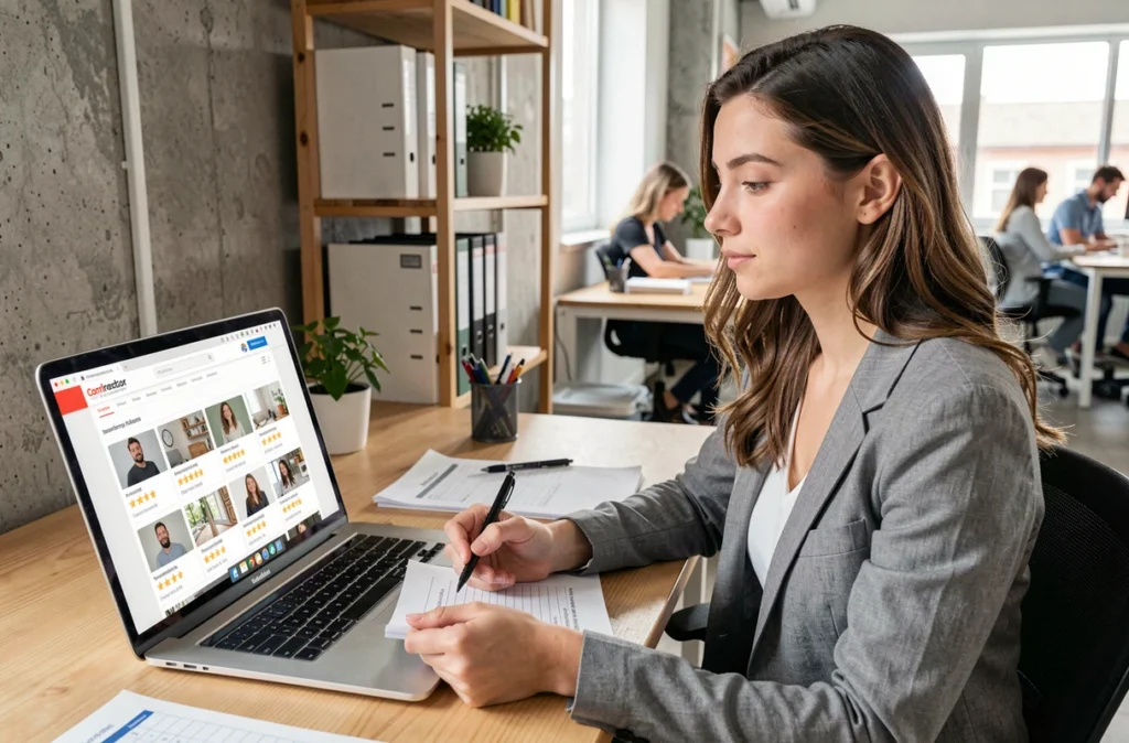 Femme consultant des profils d'artisans en ligne sur un laptop pour choisir un professionnel qualifié