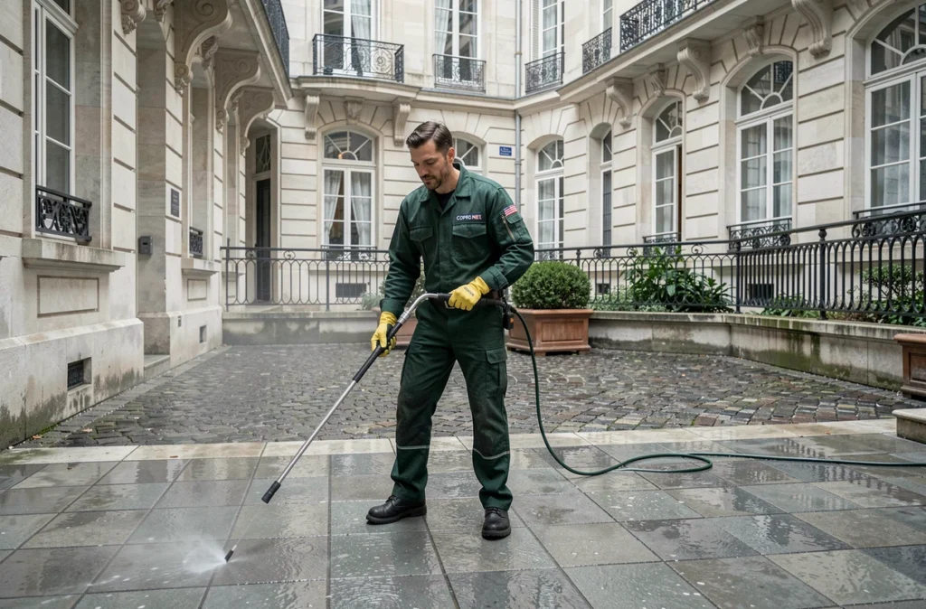 Professionnel Copro Net en uniforme vert nettoyant au jet la cour intérieure d'un immeuble parisien