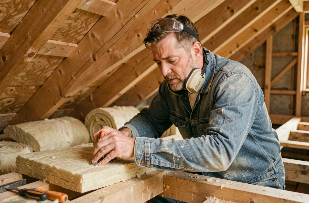 Artisan David Béthuel posant des panneaux de laine minérale dans les combles d'une maison bretonne