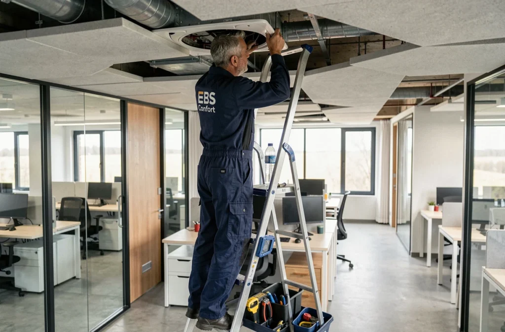 Technicien EBS Confort effectuant la maintenance d'un système de climatisation gainable dans un bureau moderne du Gard