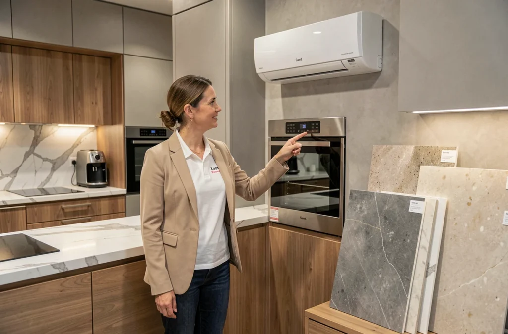 Consultante Elegance Cuisines et Bains présentant une solution de climatisation intégrée dans un showroom de cuisine moderne dans le Gard