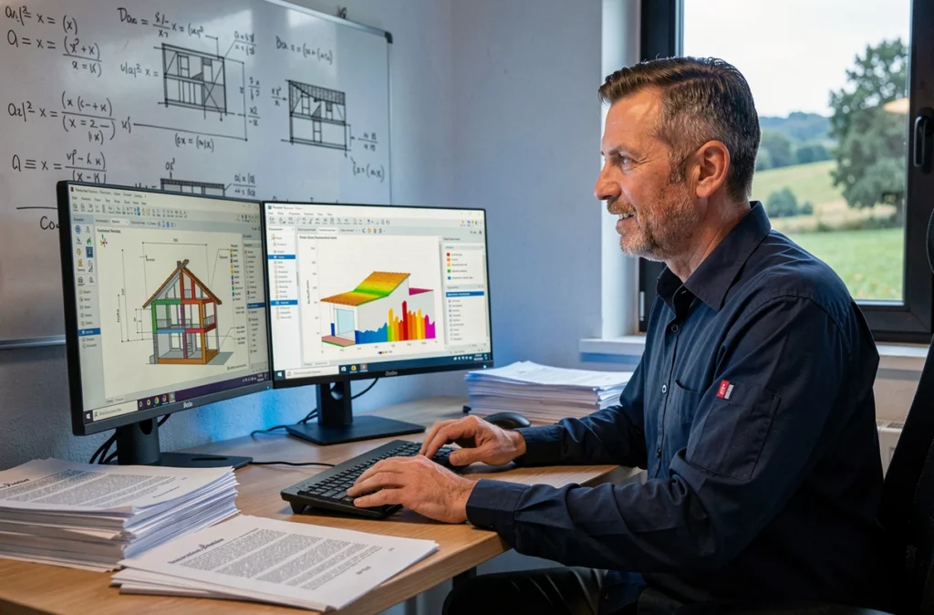 Ingénieur Enertech analysant des simulations de rénovation performante dans son bureau à Félines-sur-Rimandoule