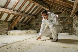 Technicien en isolation inspecte une toiture en pierre bretonne en Ille-et-Vilaine