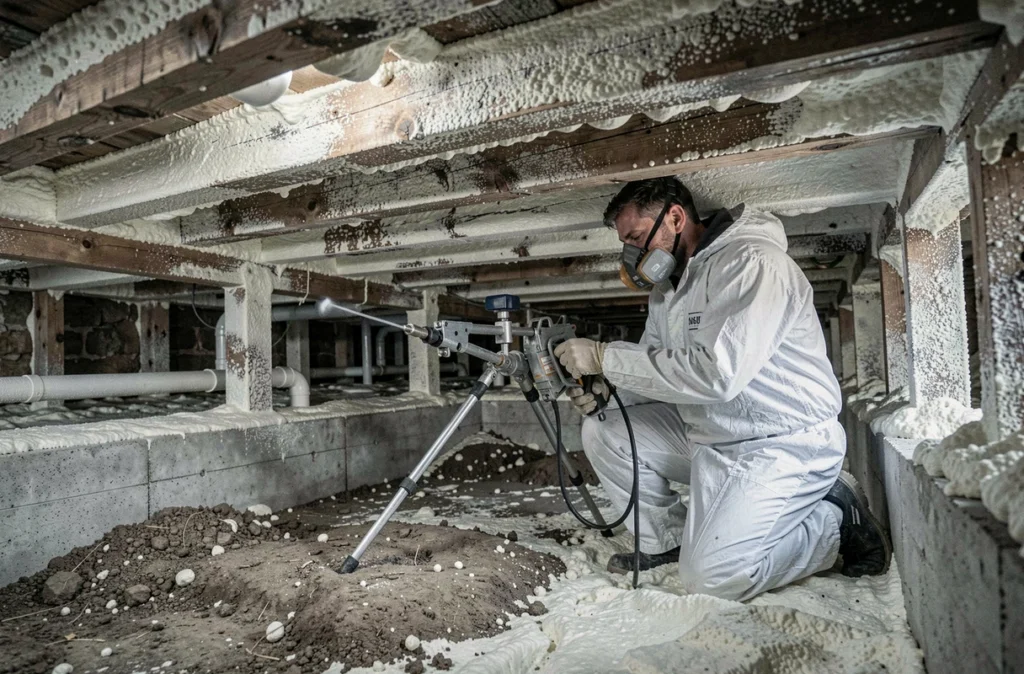 Technicien Formisol appliquant de la mousse polyuréthane dans le vide sanitaire d'une maison