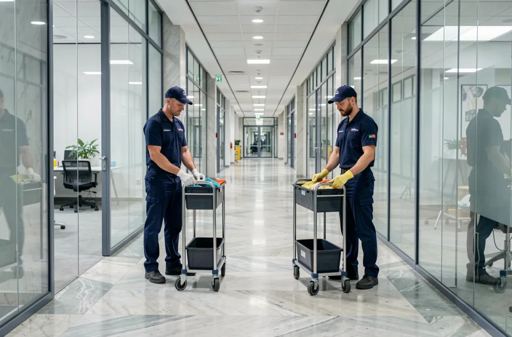 Équipe du Groupe Labrenne en uniformes marine préparant leur matériel dans le couloir d'un immeuble de bureaux parisien
