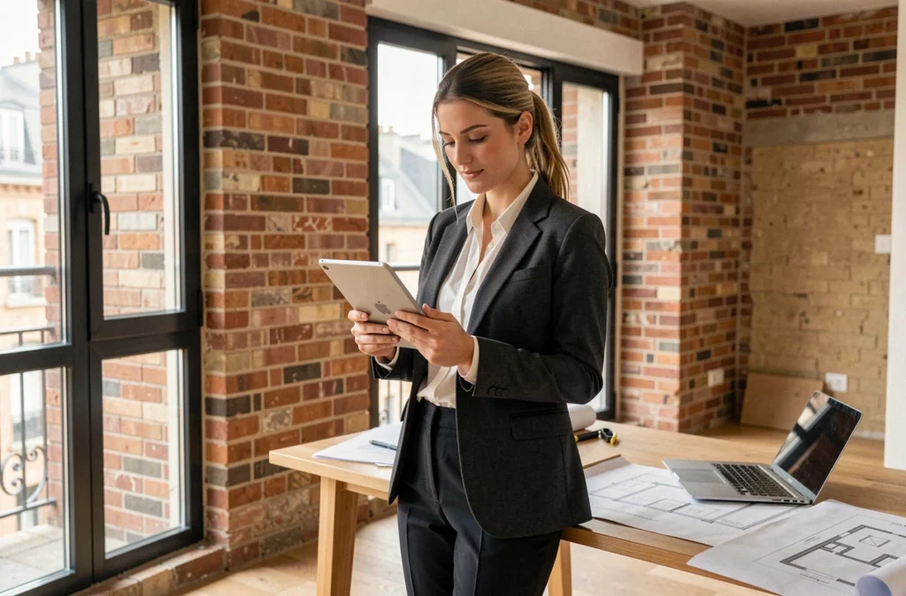 Maître d'œuvre Hemea analysant des plans de rénovation sur tablette dans un appartement lyonnais