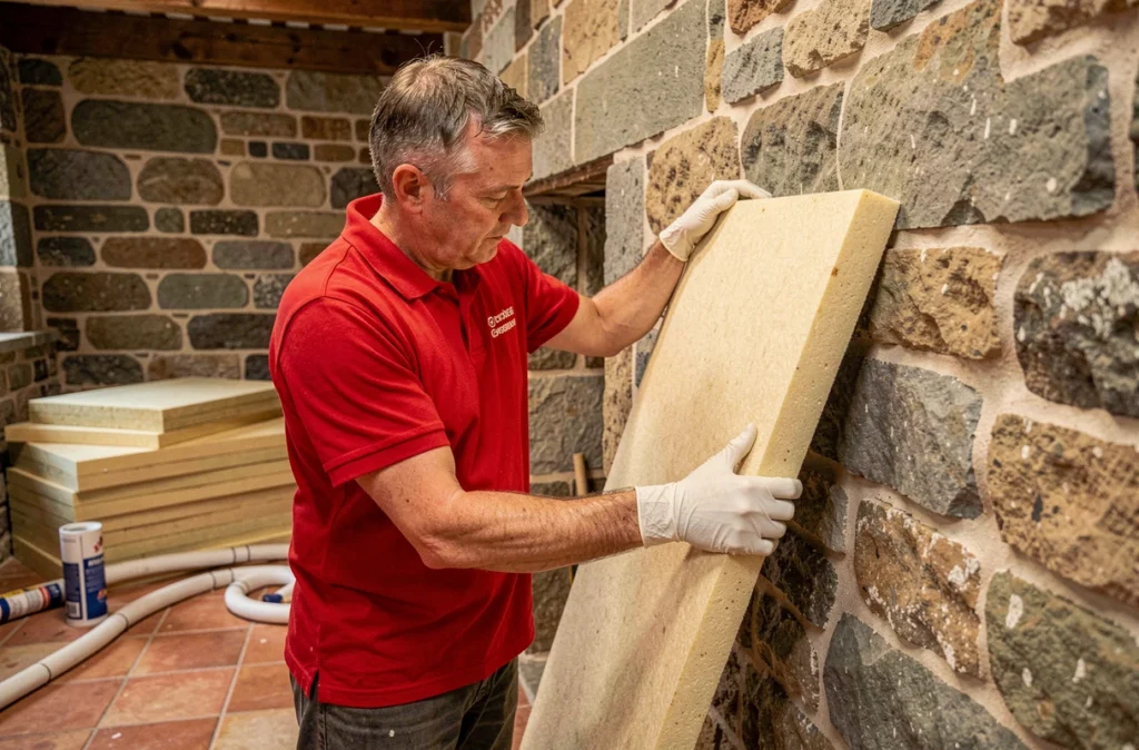 Expert Isolation Thermac posant des panneaux isolants en mousse phénolique sur un mur en granit breton