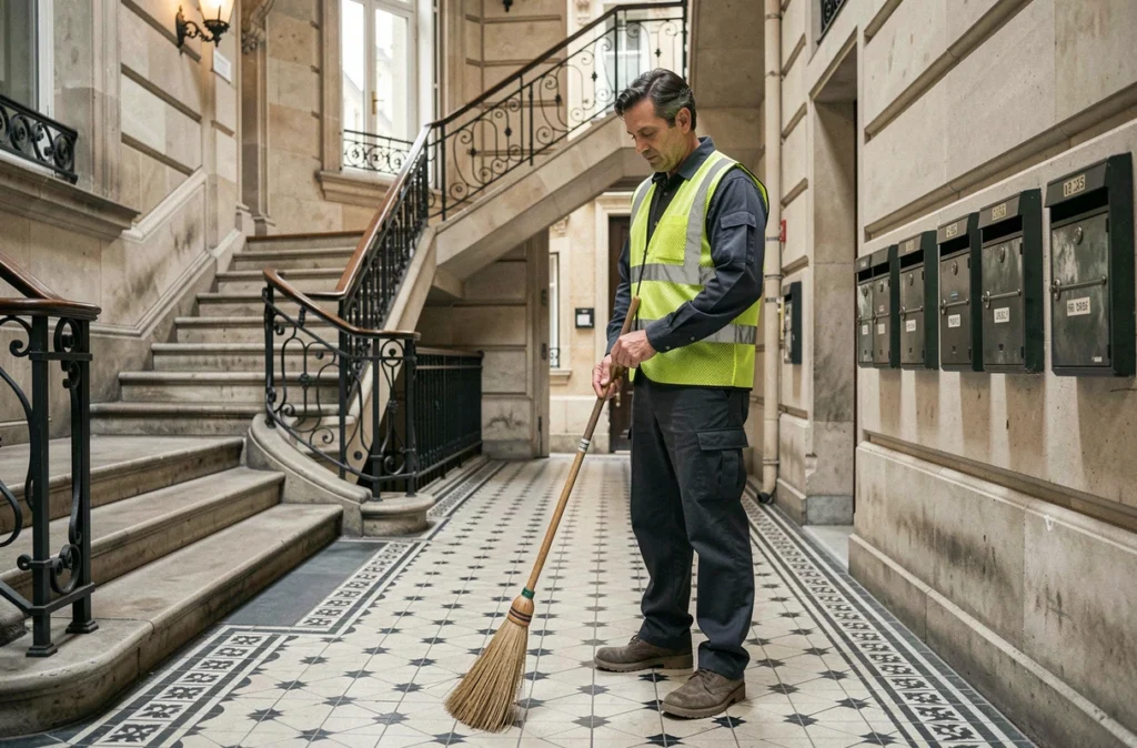 Technicien LA RATIONNELLE Nettoyage Immeubles balayant l'entrée en pierre d'un immeuble haussmannien parisien avec carrelage noir et blanc