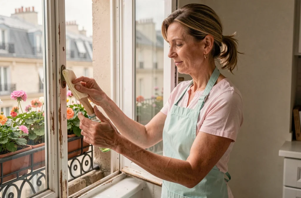 Professionnelle des Dauphinettes nettoyant méticuleusement un cadre de fenêtre dans un appartement parisien avec vue sur les toits