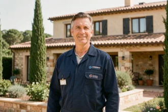 Technicien en climatisation devant un bâtiment résidentiel dans le Gard, représentant les meilleurs installateurs de la région