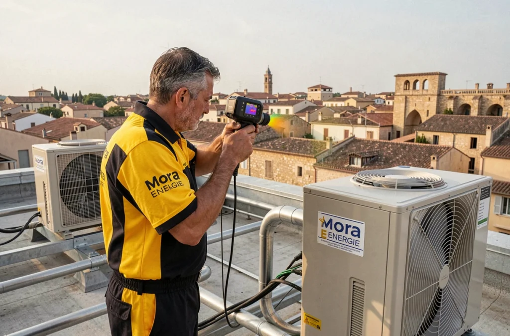 Technicien Mora Energie effectuant une inspection thermographique d'une climatisation sur un toit commercial à Nîmes dans le Gard