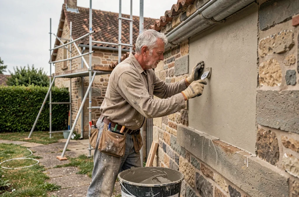 Maçon de La Petite Maçonnerie Rennaise appliquant un enduit isolant sur une façade en pierre