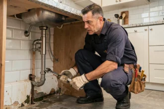 Plombier professionnel intervenant en urgence sous un évier de cuisine avec une fuite d'eau visible