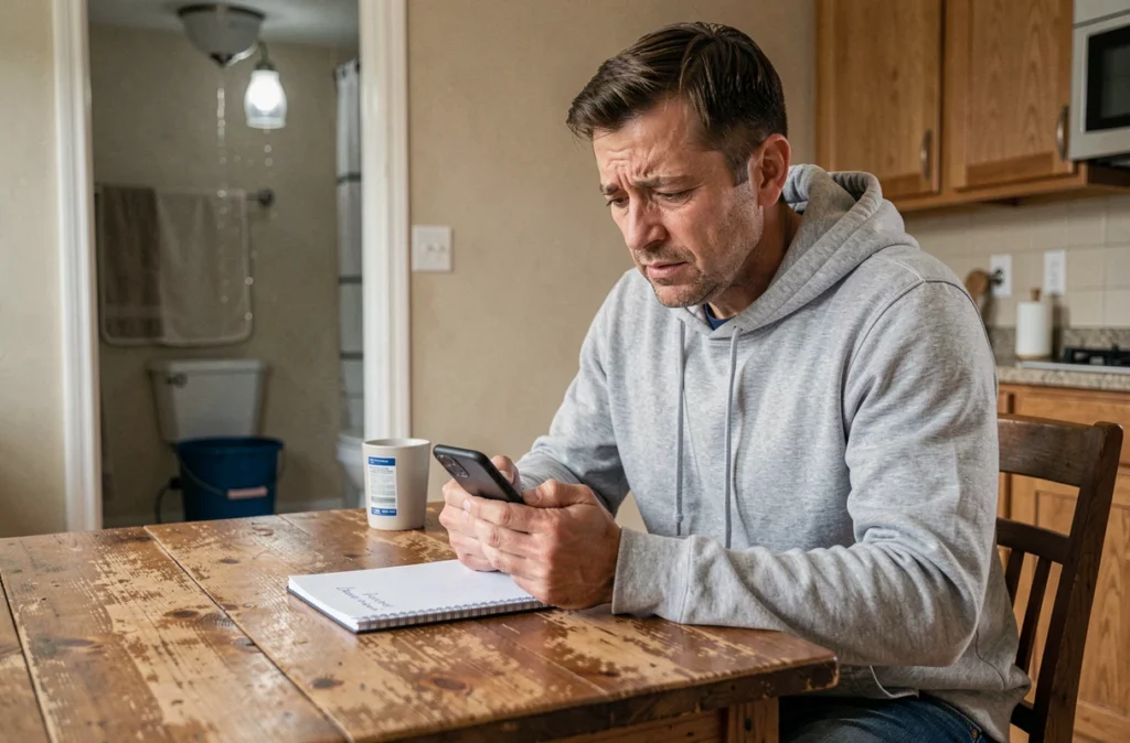 Propriétaire stressé contactant un artisan d'urgence par téléphone pour une fuite d'eau à domicile