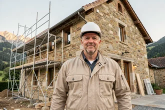 Artisan de la rénovation devant une maison en pierre en Auvergne-Rhône-Alpes