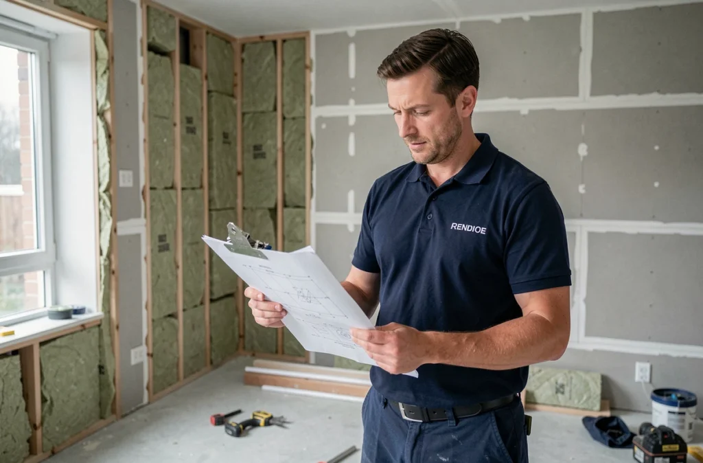 Spécialiste de l'isolation RP France Rennes consultant un plan technique dans une maison en rénovation