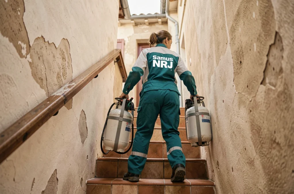 Technicienne Samus NRJ transportant du matériel de climatisation dans un immeuble provençal du Gard