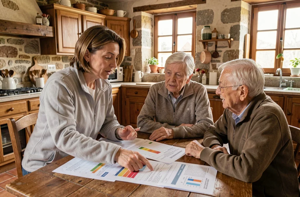 Conseillère Soliha Drôme présentant un plan de rénovation énergétique à des propriétaires dans la Drôme