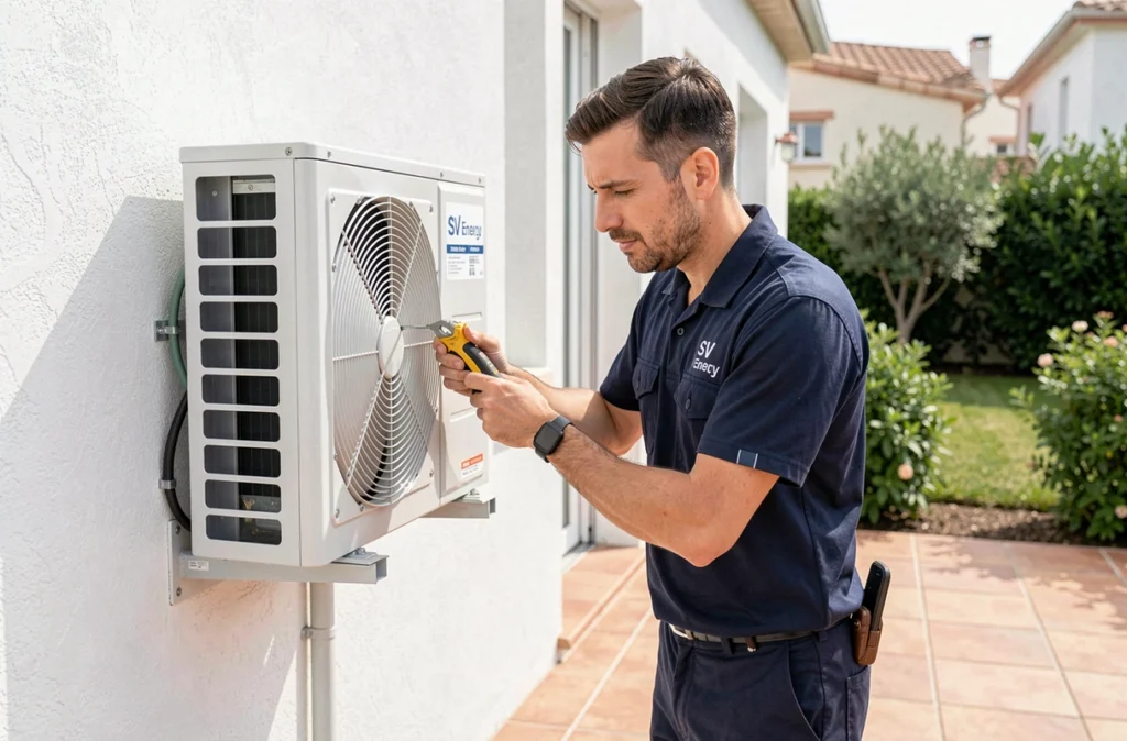 Technicien SV Energy installant une unité de climatisation sur une maison contemporaine dans le Gard