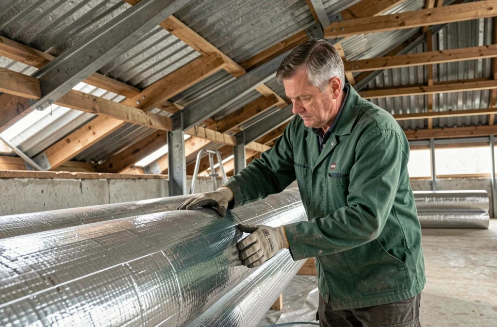Technicien Synersol Poly-Mat installant une isolation multicouche réfléchissante dans une toiture agricole