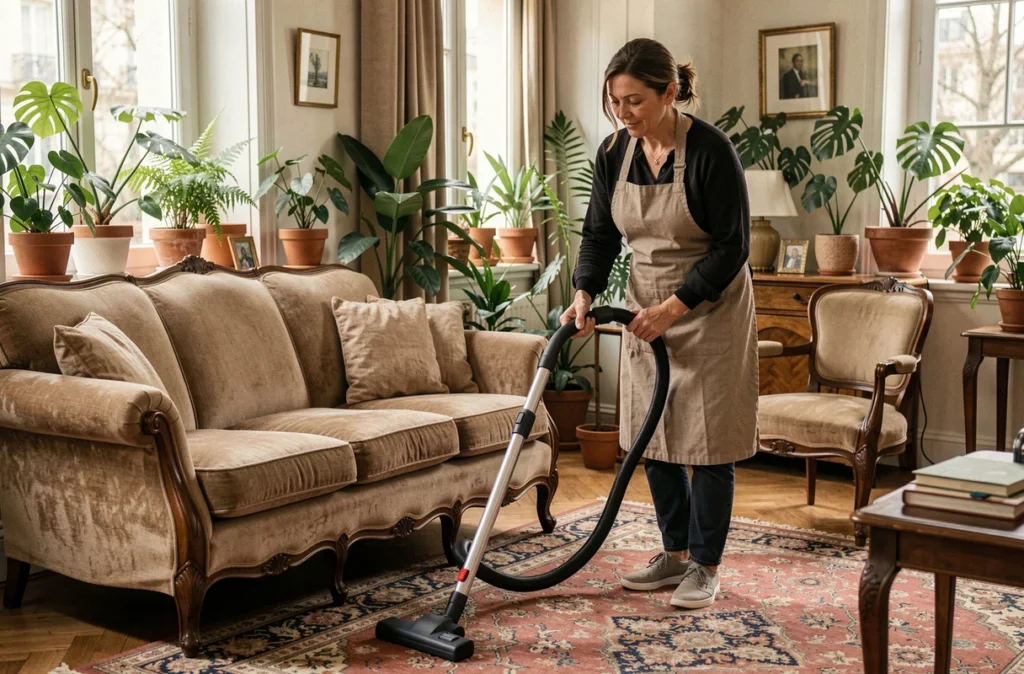 Professionnelle Utile et Agréable passant l'aspirateur sur un canapé dans un salon parisien chaleureux