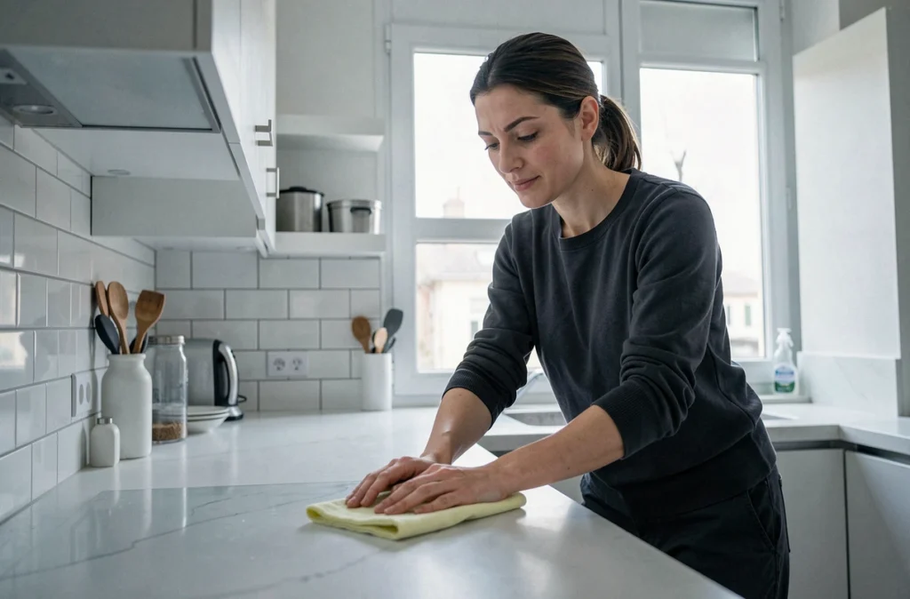 Prestataire Wecasa nettoyant le plan de travail d'une cuisine moderne parisienne
