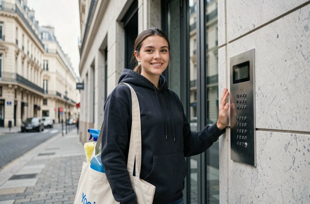 Prestataire Yoojo avec ses produits de nettoyage devant l'entrée d'un immeuble moderne parisien