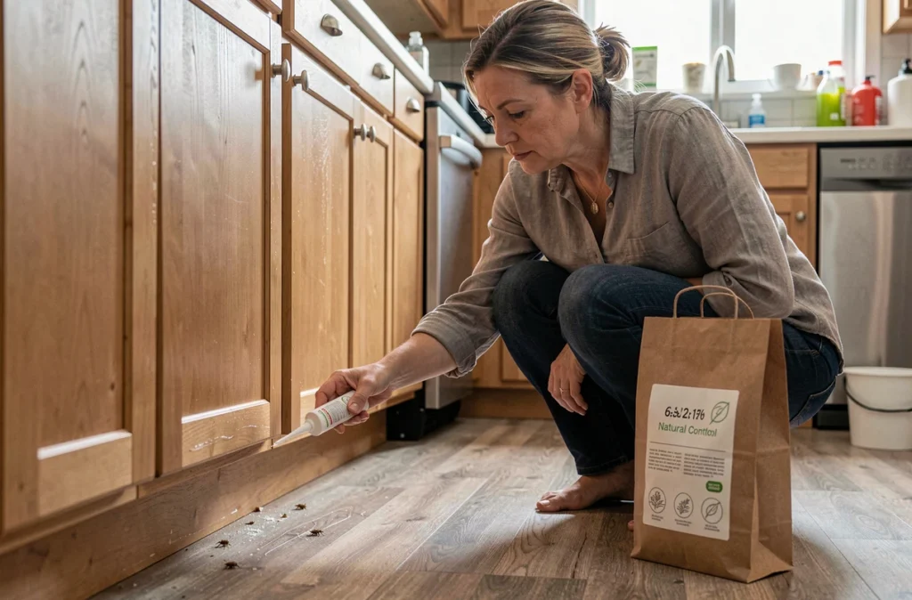 Femme appliquant un gel anti-cafard naturel sous les meubles de cuisine à la maison