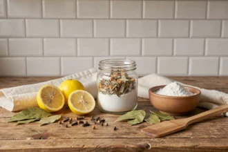 Préparation naturelle anti-cafard maison avec acide borique, herbes séchées et citrons sur un plan de travail en bois